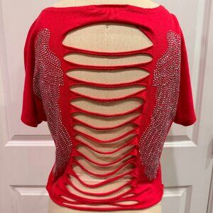 Hot Pink Rhinestone Wing Open Back Cutout Top XS
